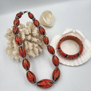 Strawberry Patterned Large Beaded Necklace and Bracelet Set
